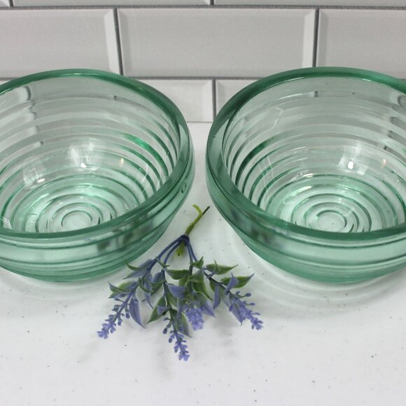 Vintage Pair of Ribbed Recycled Glass Bowls w/ Green Tint | Mid Century Utility - Picture 1 of 9